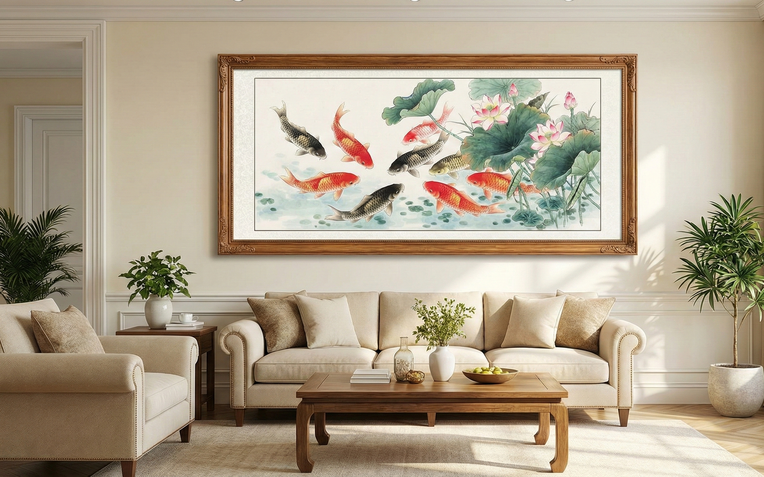 Tại sao tranh treo phòng khách cửu ngư quần hội lại thu hút giới nhà giàu? - Ảnh 1.