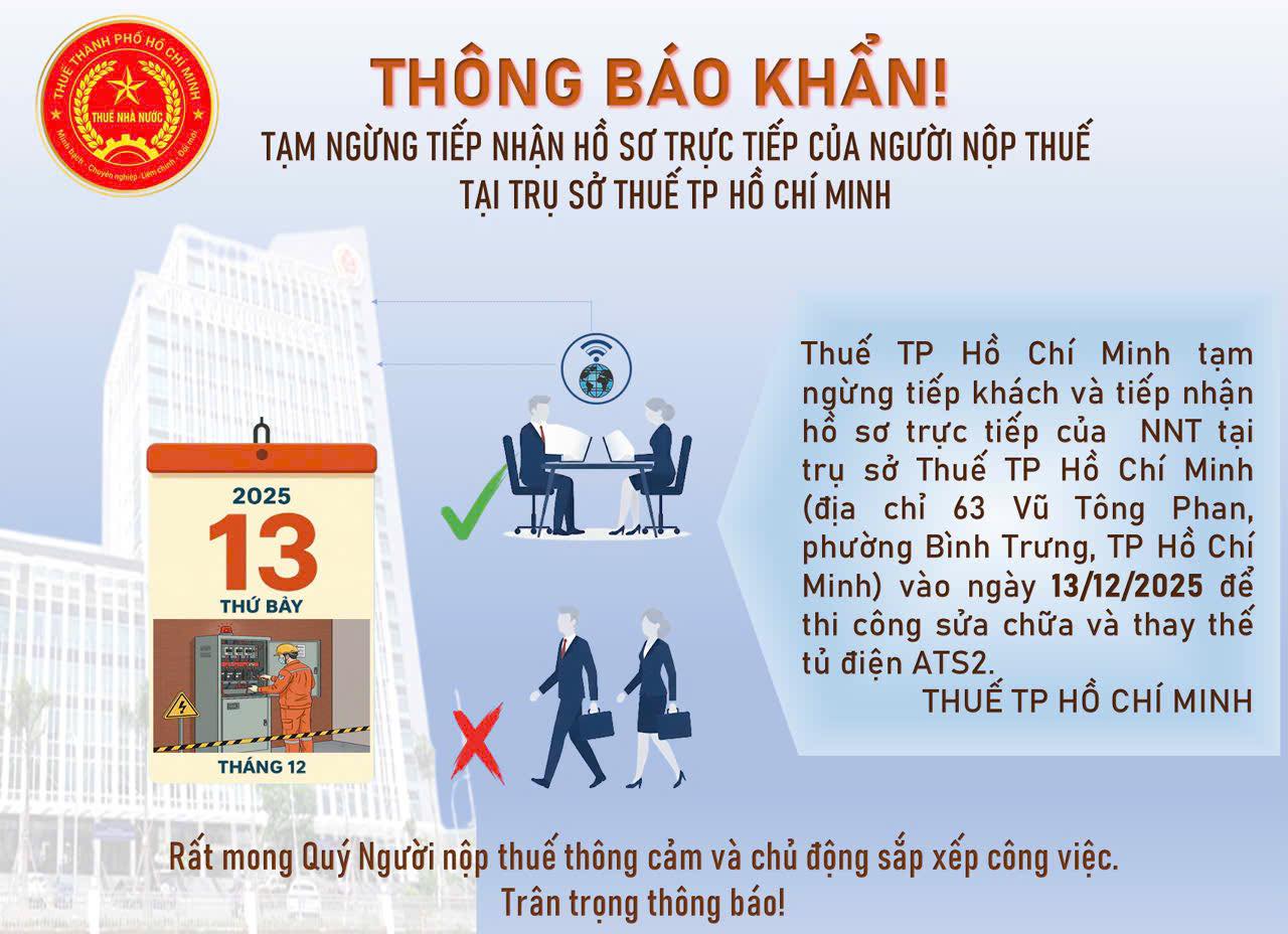 Thuế TP.HCM thông báo khẩn về hóa đơn điện tử và tạm ngừng tiếp nhận hồ sơ - Ảnh 1. Thuế TP.HCM thông báo khẩn về hóa đơn điện tử và tạm ngừng tiếp nhận hồ sơ - Ảnh 1.