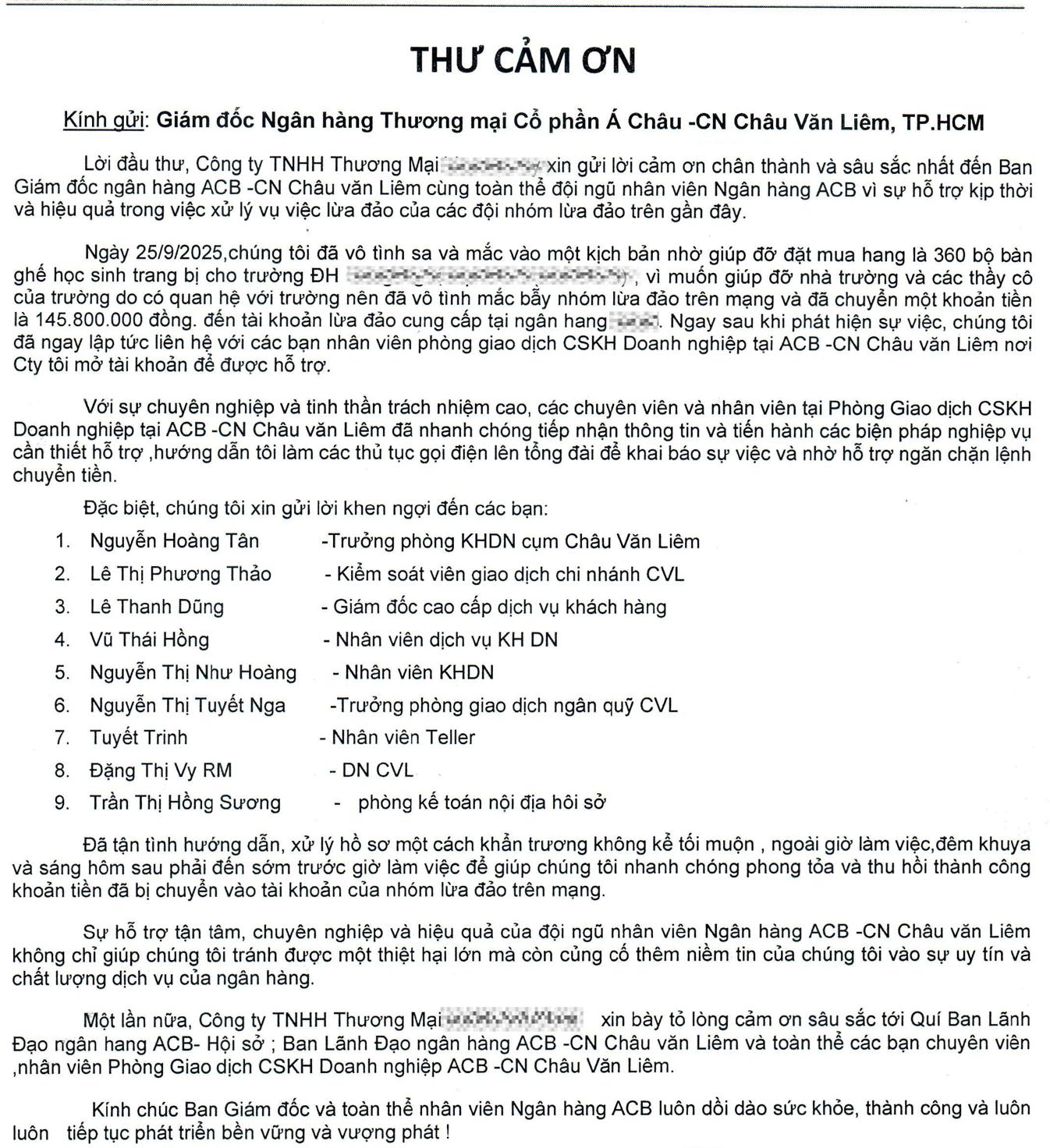 Ngân hàng ACB ngăn chặn lừa đảo , giữ lại 145 triệu đồng cho doanh nghiệp tại TP . HCM - Ảnh 2. Ngân hàng ACB ngăn chặn lừa đảo , giữ lại 145 triệu đồng cho doanh nghiệp tại TP . HCM - Ảnh 2.