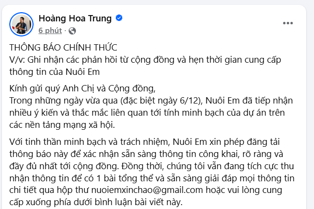 Trưởng dự án Nuôi em Hoàng Hoa Trung phản hồi thắc mắc về minh bạch tài chính - Ảnh 2. Trưởng dự án Nuôi em Hoàng Hoa Trung phản hồi thắc mắc về minh bạch tài chính - Ảnh 2.