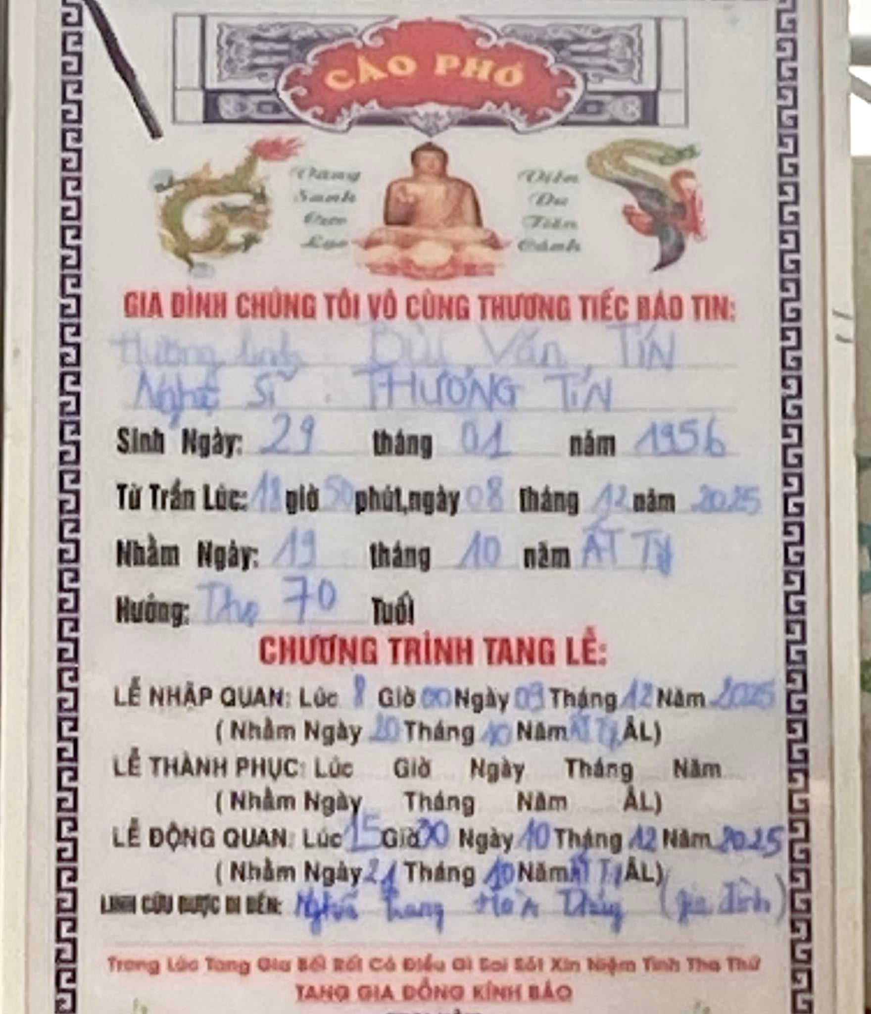 Thông tin tang lễ của NS Thương Tín- Ảnh 1. Thông tin tang lễ của NS Thương Tín- Ảnh 1.