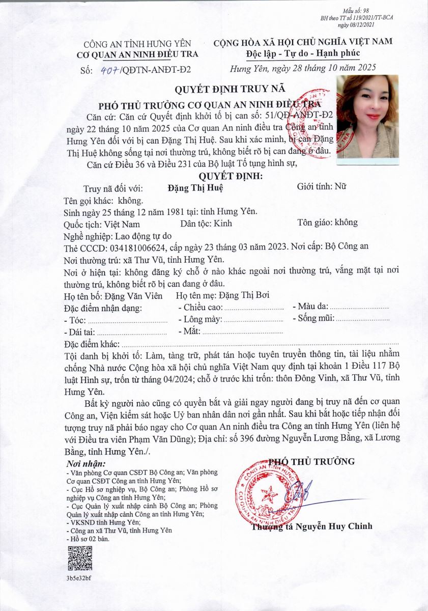 Đề nghị INTERPOL cảnh báo Đặng Thị Huệ về tội phạm tại Việt Nam - Ảnh 2. Đề nghị INTERPOL cảnh báo Đặng Thị Huệ về tội phạm tại Việt Nam - Ảnh 2.