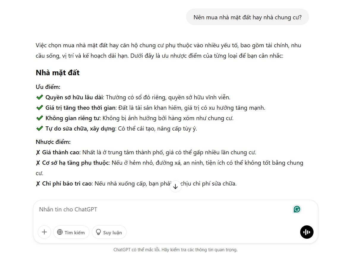 Bất ngờ về tư vấn chi tiết của ChatGPT và DeepSeek khi hỏi nên mua nhà mặt đất hay nhà chung cư- Ảnh 2. Bất ngờ về tư vấn chi tiết của ChatGPT và DeepSeek khi hỏi nên mua nhà mặt đất hay nhà chung cư- Ảnh 2.