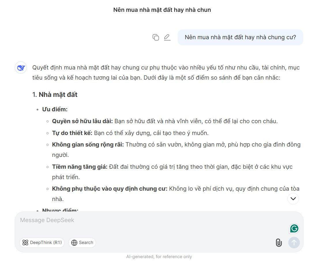 Bất ngờ về tư vấn chi tiết của ChatGPT và DeepSeek khi hỏi nên mua nhà mặt đất hay nhà chung cư- Ảnh 3. Bất ngờ về tư vấn chi tiết của ChatGPT và DeepSeek khi hỏi nên mua nhà mặt đất hay nhà chung cư- Ảnh 3.