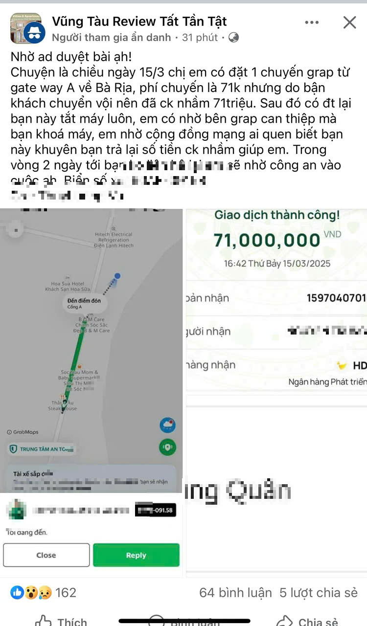 Đi Grab 71.000 đồng, hành khách chuyển nhầm thành 71 triệu đồng- Ảnh 1. Đi Grab 71.000 đồng, hành khách chuyển nhầm thành 71 triệu đồng- Ảnh 1.