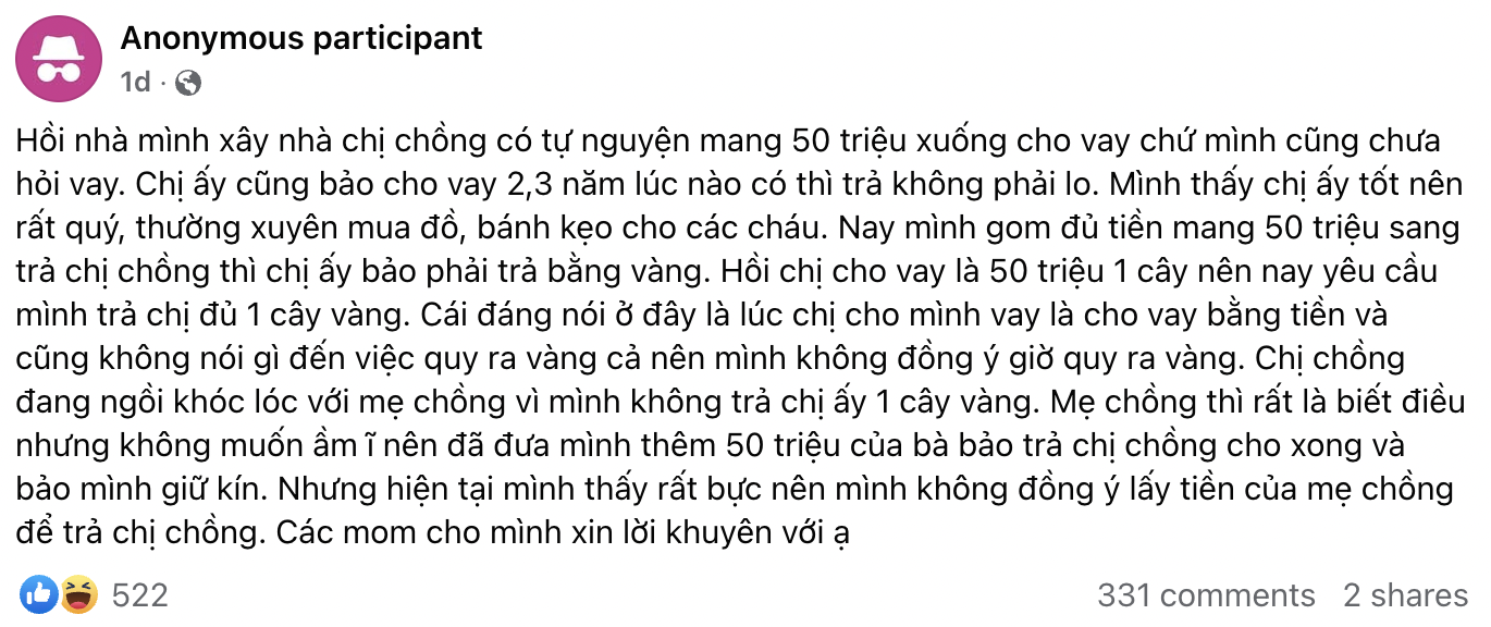Vay chị chồng 50 triệu nhưng bị đòi trả 1 cây vàng, cô gái chết sững khi nhận "giao dịch bí mật" từ mẹ chồng: Sao mẹ lại làm thế...- Ảnh 1.