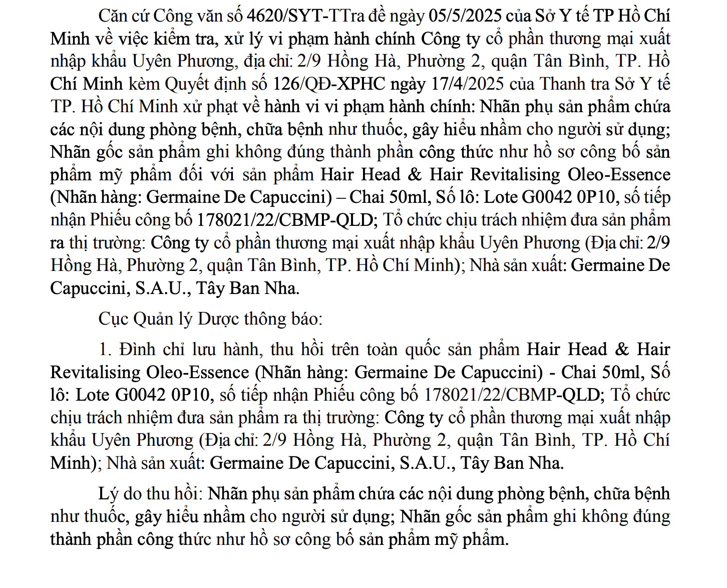 Thu hồi lô dầu gội “nổ” công dụng như thuốc chữa bệnh do một công ty ở TP HCM đưa ra thị trường- Ảnh 1.