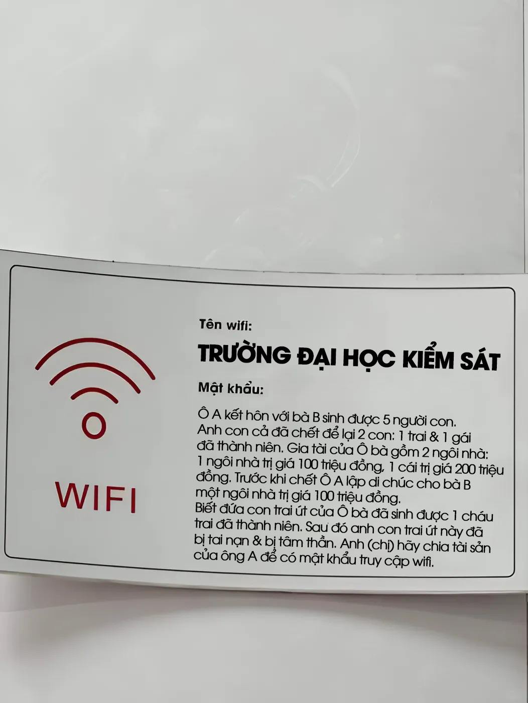 Ngỡ ngàng trước wifi một trường ĐH tại Hà Nội: Gợi ý mật khẩu giải như đề thi, muốn truy cập được phải biết... chia tài sản- Ảnh 1. Ngỡ ngàng trước wifi một trường ĐH tại Hà Nội: Gợi ý mật khẩu giải như đề thi, muốn truy cập được phải biết... chia tài sản- Ảnh 1.