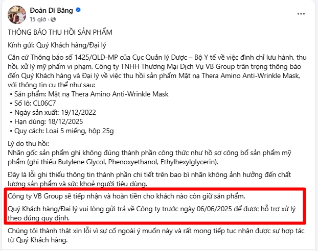 Cách hoàn tiền loạt sản phẩm bị thu hồi của Đoàn Di Băng: Không có hướng dẫn công khai, rối như tơ vò!- Ảnh 1.