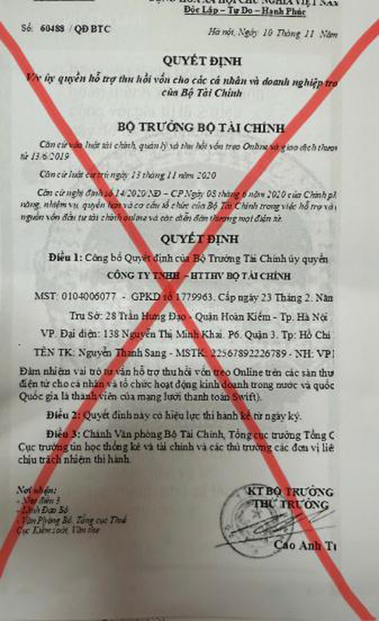 Cảnh báo giả danh Bộ Tài chính để lừa đảo - Ảnh 1. Cảnh báo giả danh Bộ Tài chính để lừa đảo - Ảnh 1.