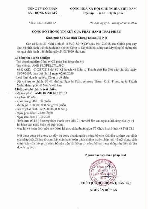 Công ty bất động sản Mỹ kéo dài kỳ hạn lô trái phiếu trị giá 48,5 tỷ đồng với lãi suất 8.5% 2 Công ty bất động sản Mỹ kéo dài kỳ hạn lô trái phiếu trị giá 48,5 tỷ đồng với lãi suất 8.5%