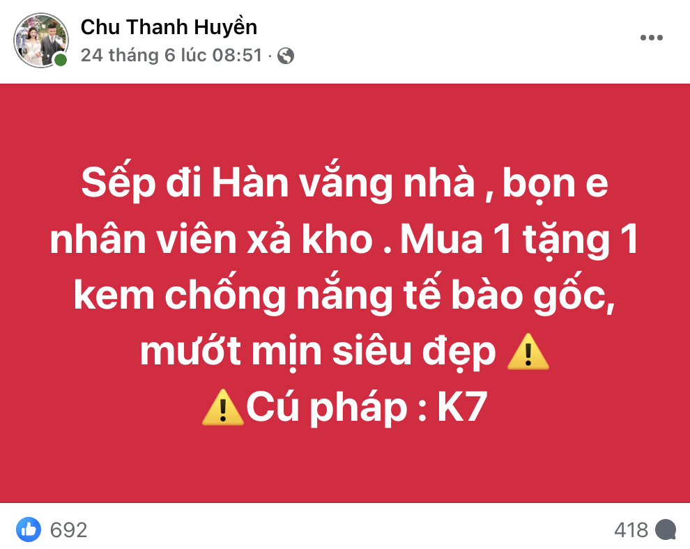 Fanpage Chu Thanh Huyền quảng cáo thổi phồng công dụng: Trẻ ra chục tuổi, chống nắng tế bào gốc?