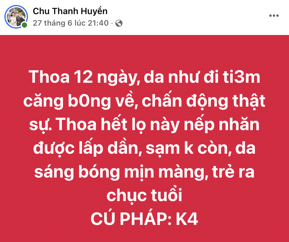 Fanpage Chu Thanh Huyền quảng cáo thổi phồng công dụng: Trẻ ra chục tuổi, chống nắng tế bào gốc?