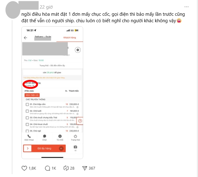 Ngồi điều hòa đặt 75 ly chè cùng 1 đơn, shipper Hà Nội bốc hỏa "có biết nghĩ cho người khác không vậy"?- Ảnh 1.
