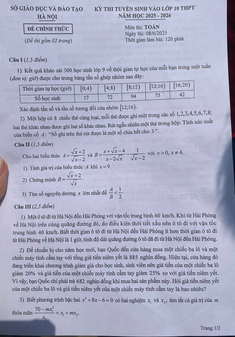 CẬP NHẬT: Đề thi và đáp án tham khảo môn Toán thi vào lớp 10 2025 Hà Nội- Ảnh 1.