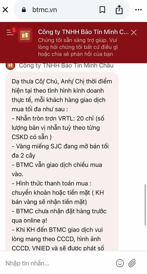 Giữa thời điểm giá vàng tăng vọt, chiều nay, một doanh nghiệp lớn thông báo: Mỗi khách được mua 20 chỉ vàng nhẫn, 2 cây vàng miếng