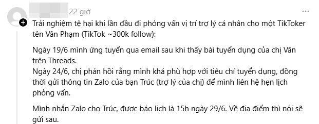 TikToker tuyển trợ lý cá nhân, bị "phốt" để ứng viên đợi 30 phút trong khi mình ngồi tám chuyện- Ảnh 1.