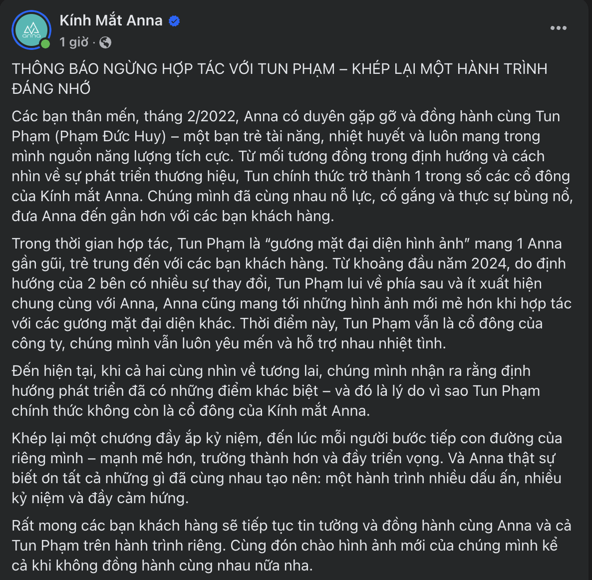 Kính mắt Anna và Tun Phạm dừng hợp tác: "Tun Phạm chính thức không còn là cổ đông của hãng"- Ảnh 1.