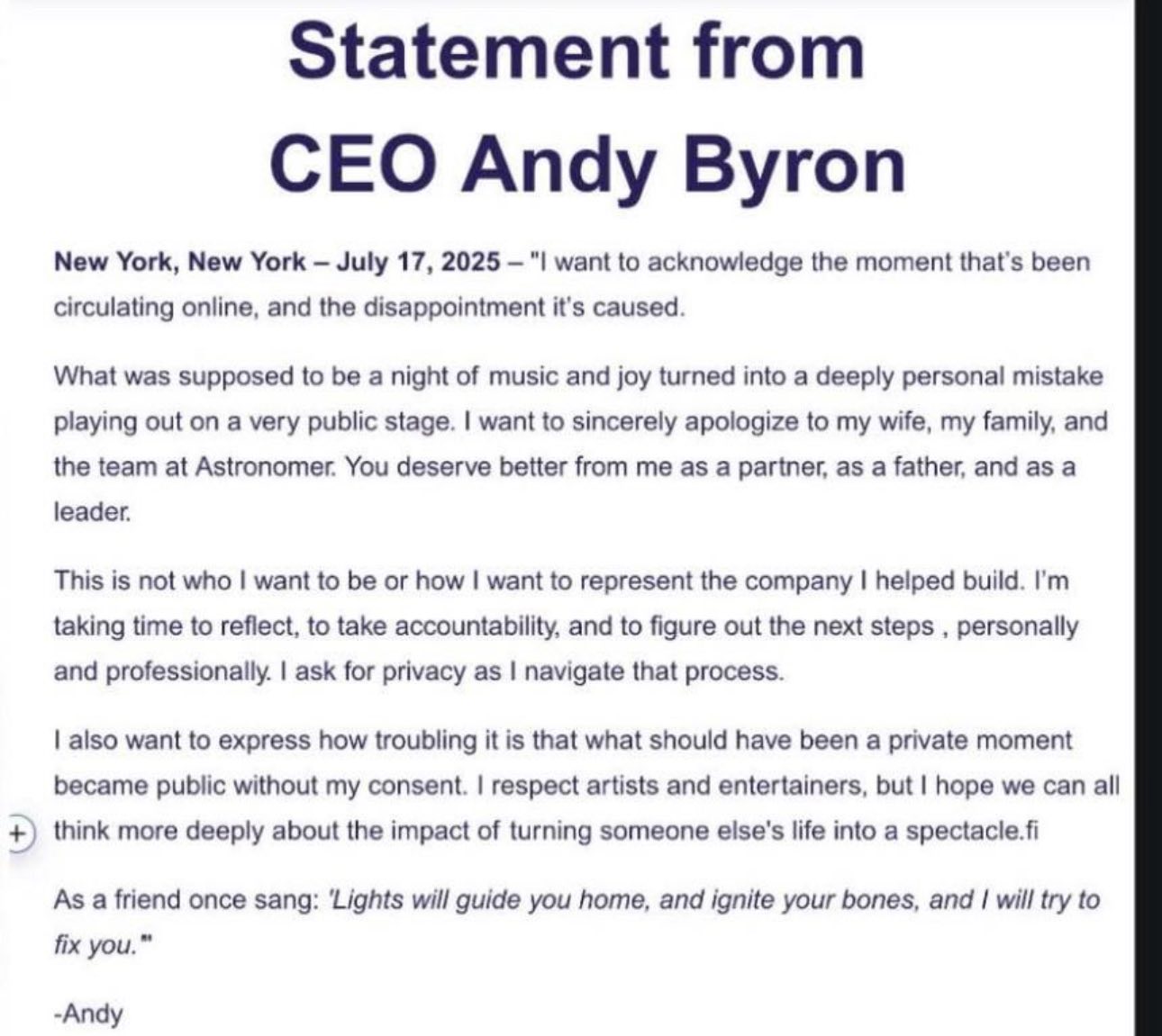 Sau vụ ngoại tình chấn động, CEO Công ty tỷ đô Andy Byron lên tiếng: Đừng  biến cuộc đời người khác thành trò hề giải trí công cộng!