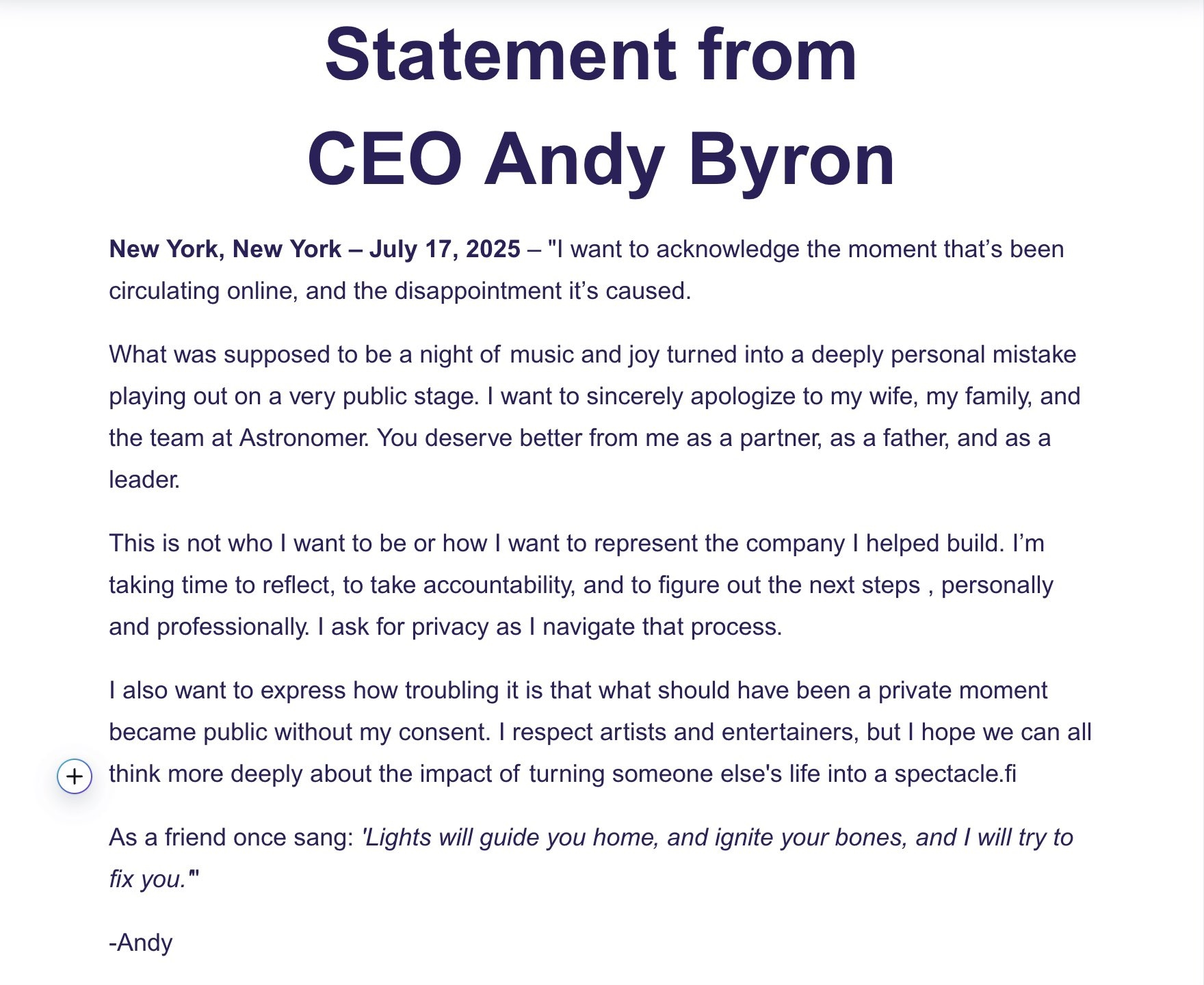 CEO Andy Byron chính thức lên tiếng xin lỗi sau khi bị bắt quả tang ngoại tình với giám đốc nhân sự?- Ảnh 2.