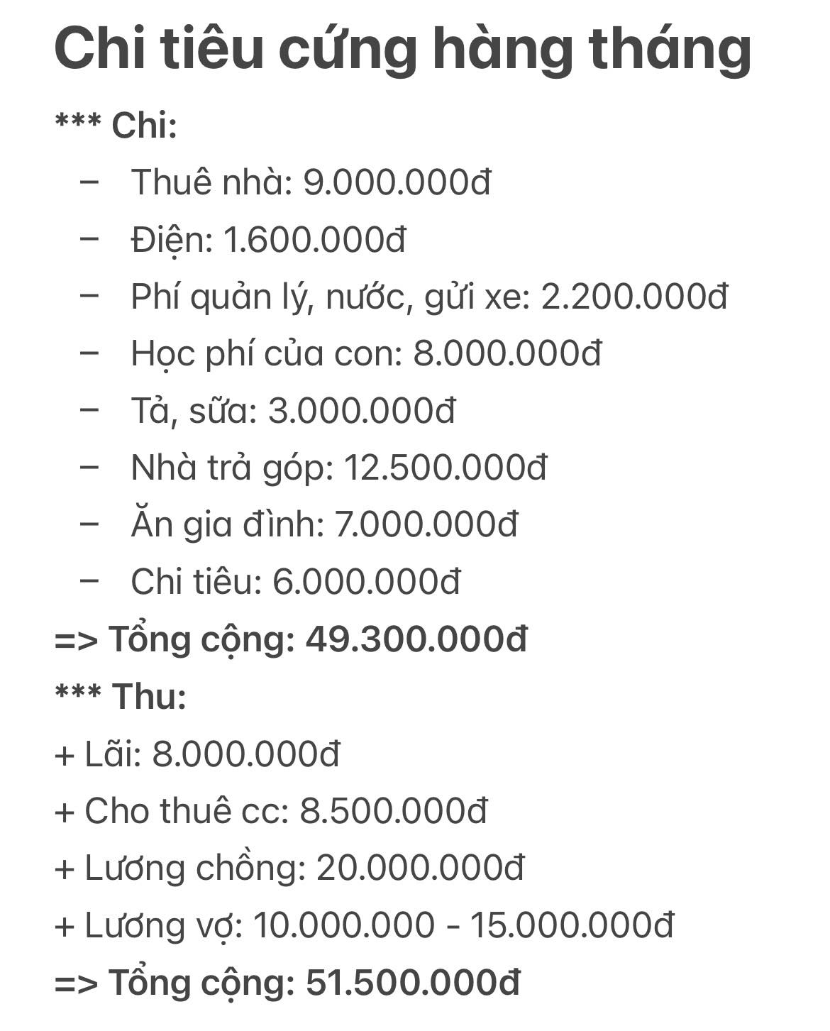 Bảng chi tiêu gần 50 triệu của vợ chồng ở TP.HCM khiến dân mạng ngơ ngác: “Ủa có nhà sao không ở?”