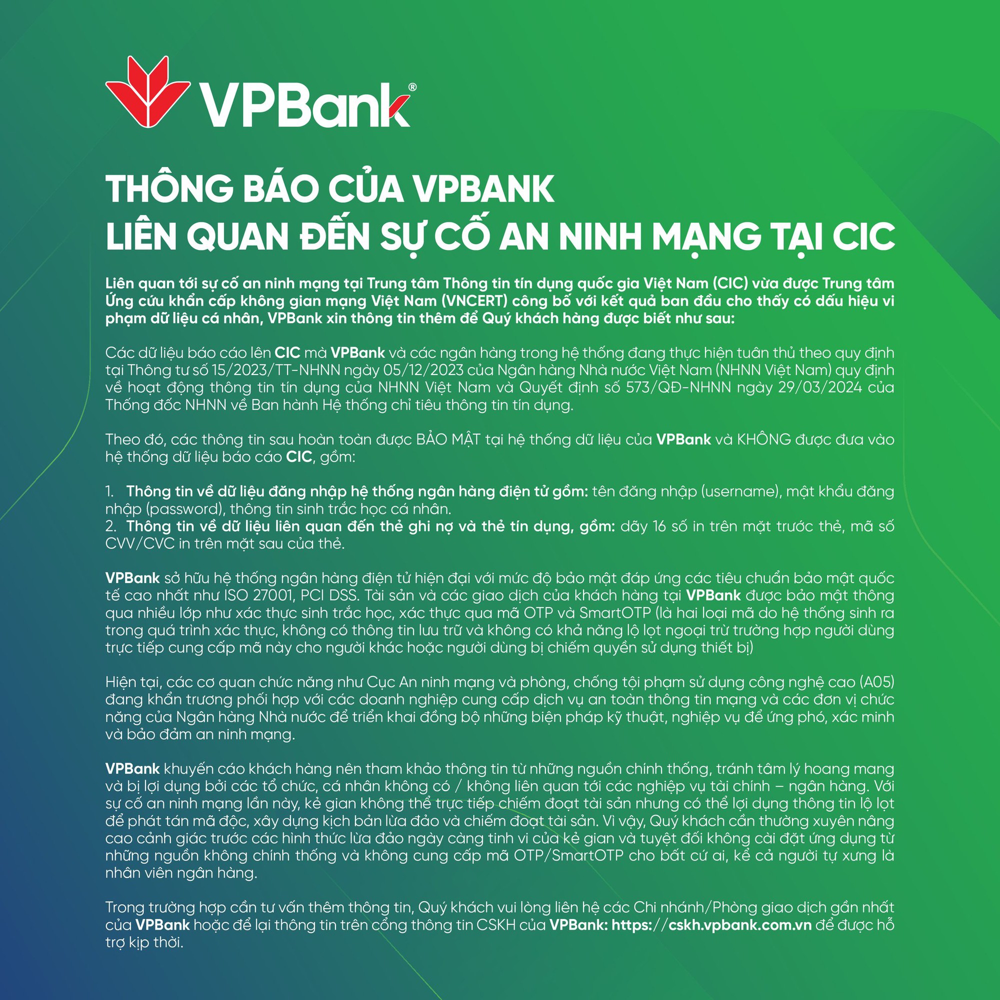 VPBank: Thông tin đăng nhập, password, sinh trắc học và CVV của khách hàng không được gửi vào hệ thống CIC - Ảnh 1.