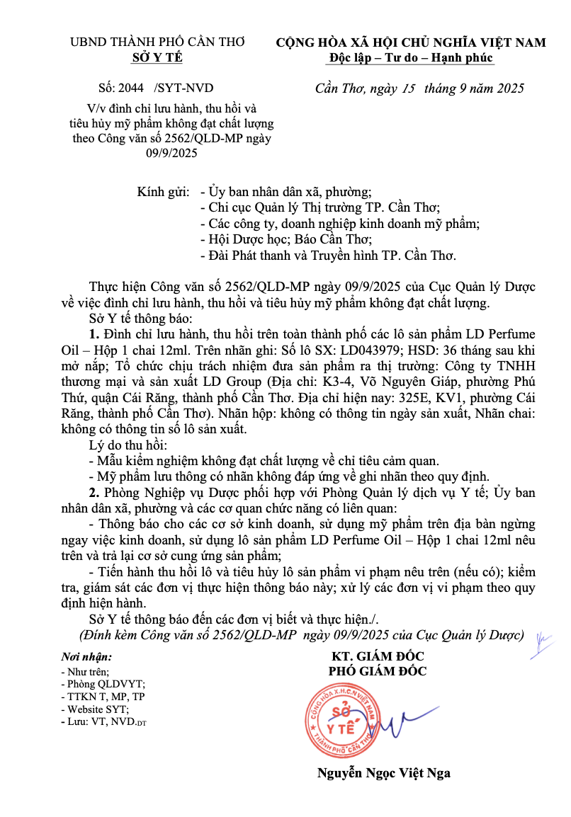 Lô mỹ phẩm LD Perfume Oil bị thu hồi tại Cần Thơ , lý do và ảnh hưởng kinh tế - Ảnh 1.