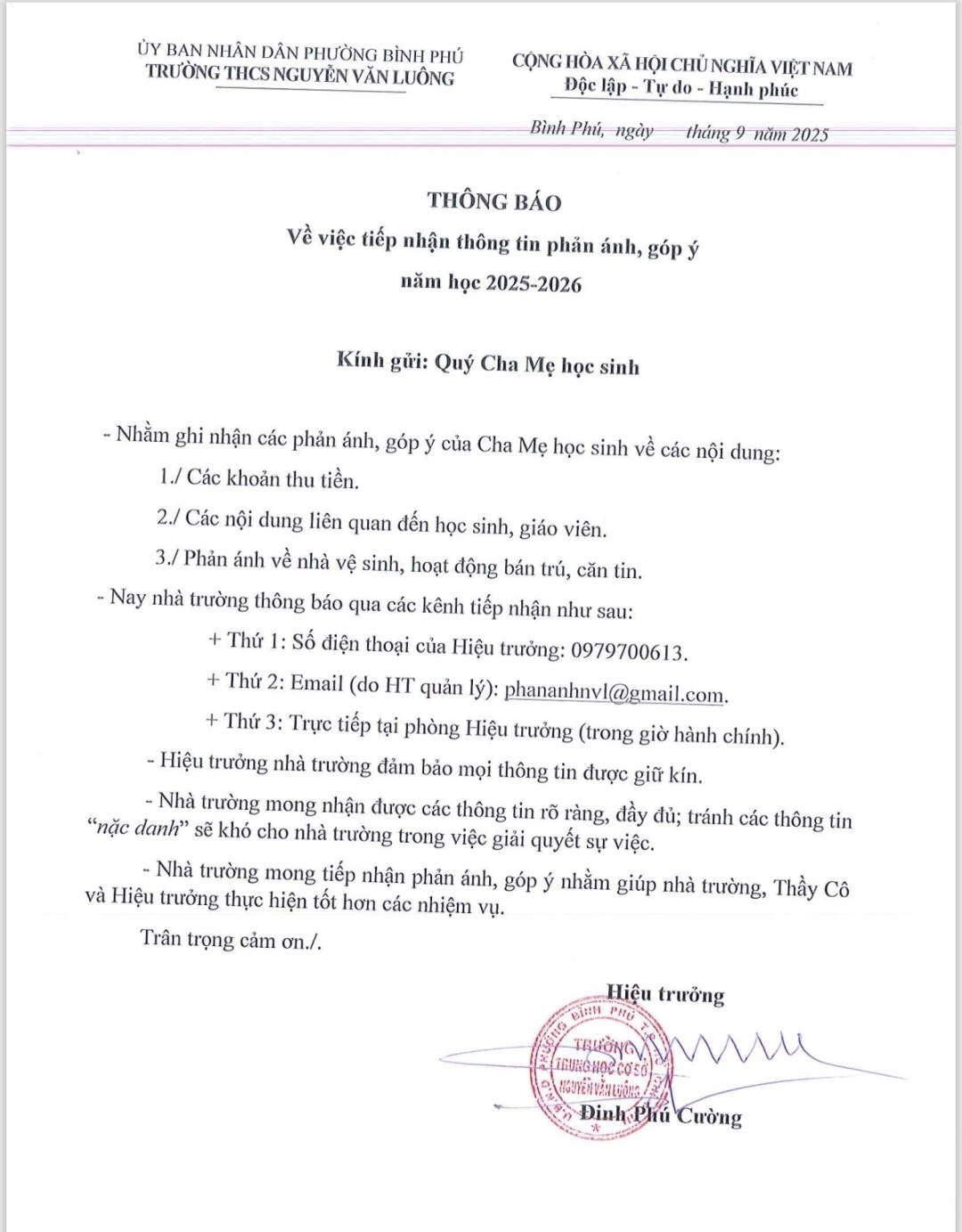 1 trường THCS KHÔNG thu quỹ phụ huynh, công khai luôn số điện thoại Hiệu trưởng để cha mẹ tiện phản ánh lạm thu!- Ảnh 1. 1 trường THCS KHÔNG thu quỹ phụ huynh, công khai luôn số điện thoại Hiệu trưởng để cha mẹ tiện phản ánh lạm thu!- Ảnh 1.