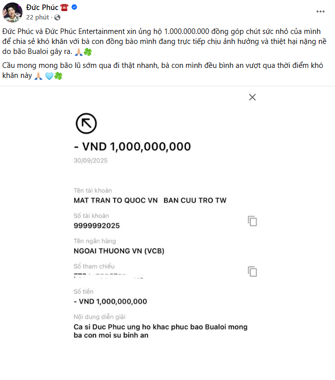 Ca sĩ Đức Phúc ủng hộ 1 tỷ đồng- Ảnh 1.