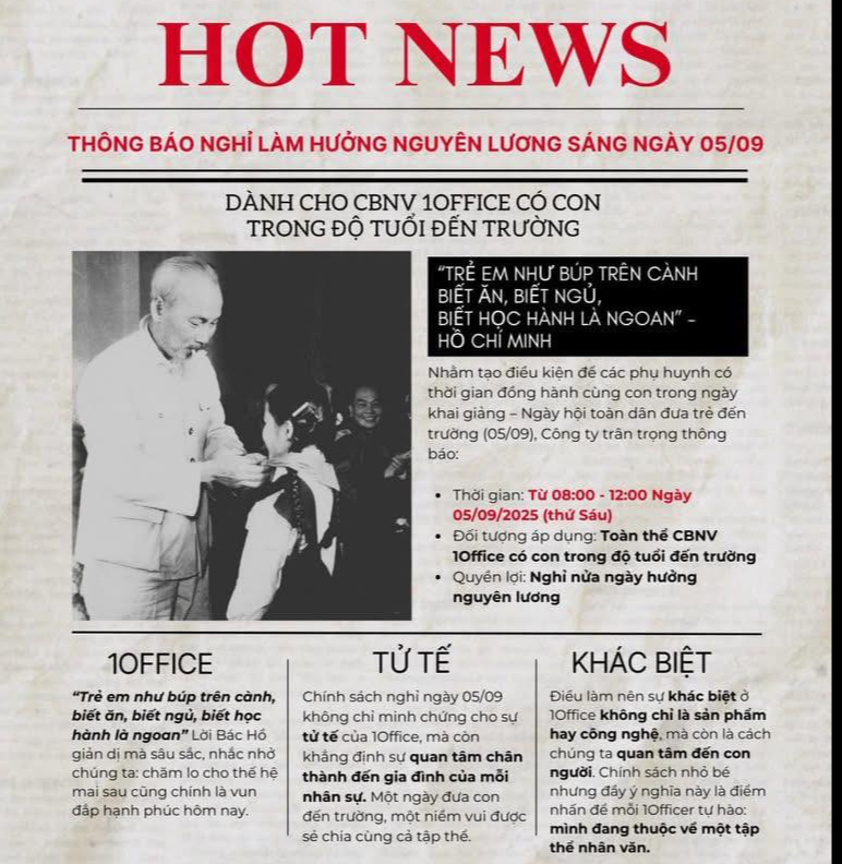 Doanh nghiệp cho nhân viên nghỉ nguyên lương sáng 5/9 đưa con đi khai giảng: Từng áp dụng nghỉ Tết từ 23 tháng Chạp, khẳng định năng suất không phụ thuộc số ngày ngồi văn phòng - Ảnh 1.