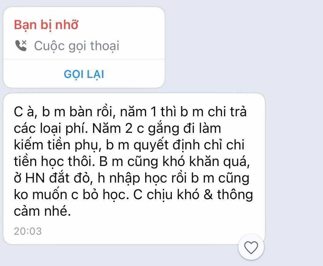 Tin nhắn mẹ gửi con gái 18 tuổi khiến tất cả xót xa: “Ở Hà Nội đắt đỏ… con cố gắng đi làm kiếm tiền”- Ảnh 1. Tin nhắn mẹ gửi con gái 18 tuổi khiến tất cả xót xa: “Ở Hà Nội đắt đỏ… con cố gắng đi làm kiếm tiền”- Ảnh 1.