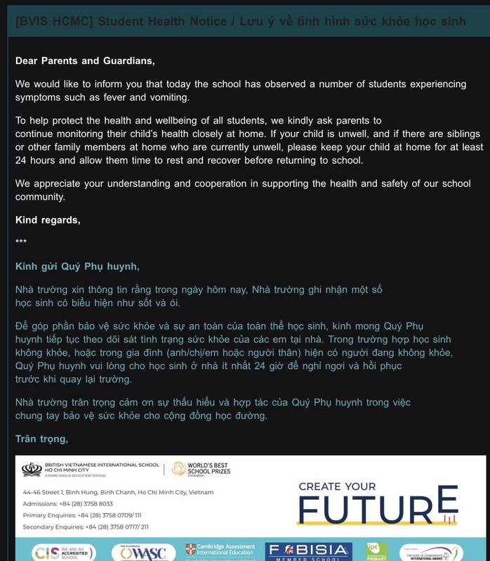 TPHCM: Phụ huynh tố một trường quốc tế ra thông báo vô cảm - Ảnh 1.