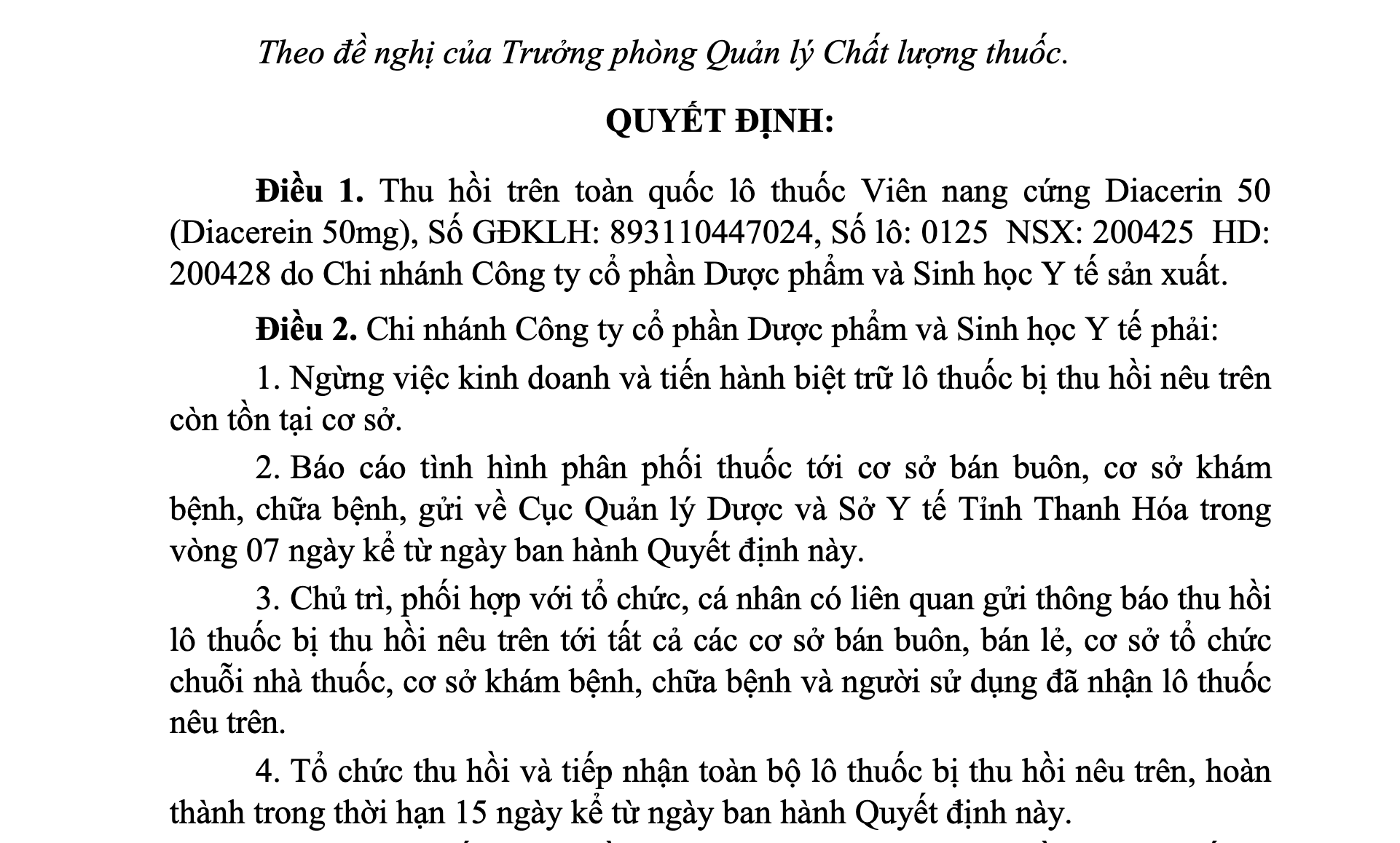 Thu hồi toàn quốc lô thuốc Diacerin 50 do vi phạm chất lượng - Ảnh 1.