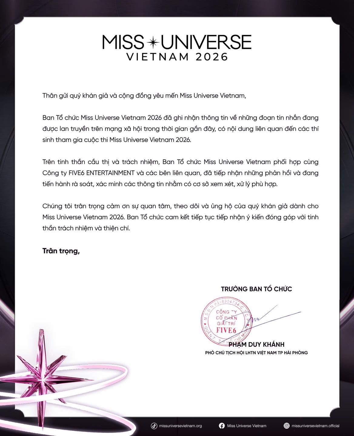Miss Universe Vietnam 2026 phản hồi về tin nhắn gây xôn xao sau chung kết - Ảnh 1. Miss Universe Vietnam 2026 phản hồi về tin nhắn gây xôn xao sau chung kết - Ảnh 1.
