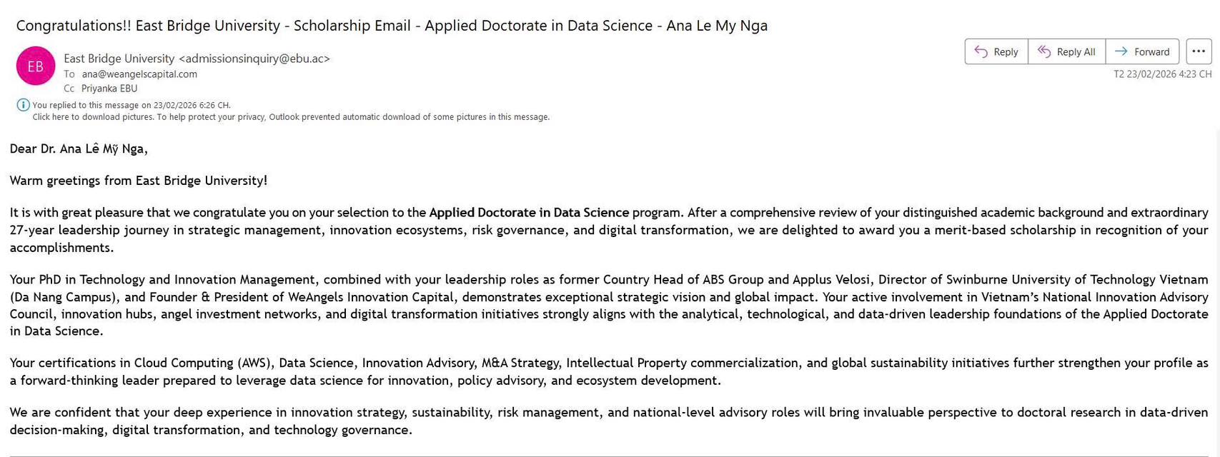 Lê Mỹ Nga nhận học bổng tiến sĩ khoa học dữ liệu từ East Bridge University 2026 - Ảnh 2. Lê Mỹ Nga nhận học bổng tiến sĩ khoa học dữ liệu từ East Bridge University 2026 - Ảnh 2.
