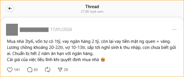Vợ chồng mua nhà 3,6 tỷ đồng: Vay cả vàng lẫn ngân hàng, giờ hối hận đã quá muộn