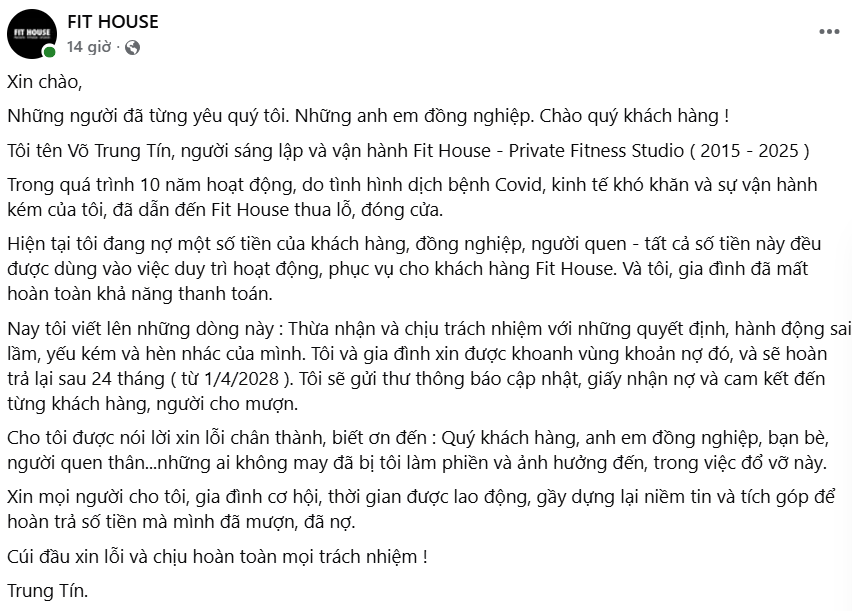 Phòng gym đóng cửa vĩnh viễn sau 10 năm hoạt động: Lời xin lỗi từ Founder - Ảnh 1. Phòng gym đóng cửa vĩnh viễn sau 10 năm hoạt động: Lời xin lỗi từ Founder - Ảnh 1.