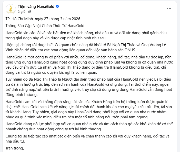 Bà chủ bị khởi tố, HanaGold nói gì về tiền của nhà đầu tư?- Ảnh 1. Bà chủ bị khởi tố, HanaGold nói gì về tiền của nhà đầu tư?- Ảnh 1.