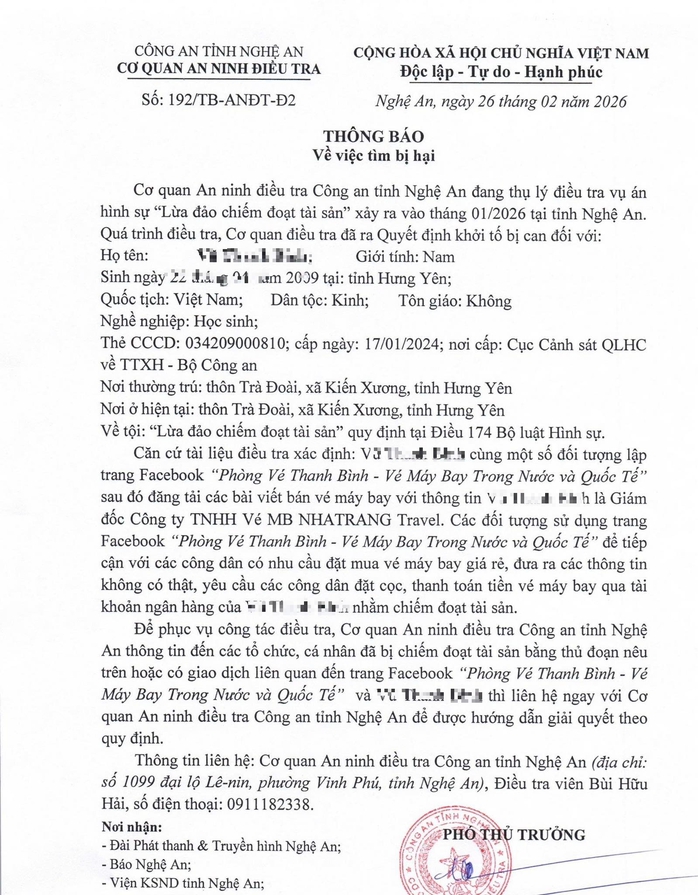 Tìm bị hại trong vụ án chiếm đoạt tiền thông qua bán vé máy bay giá rẻ - Ảnh 1.