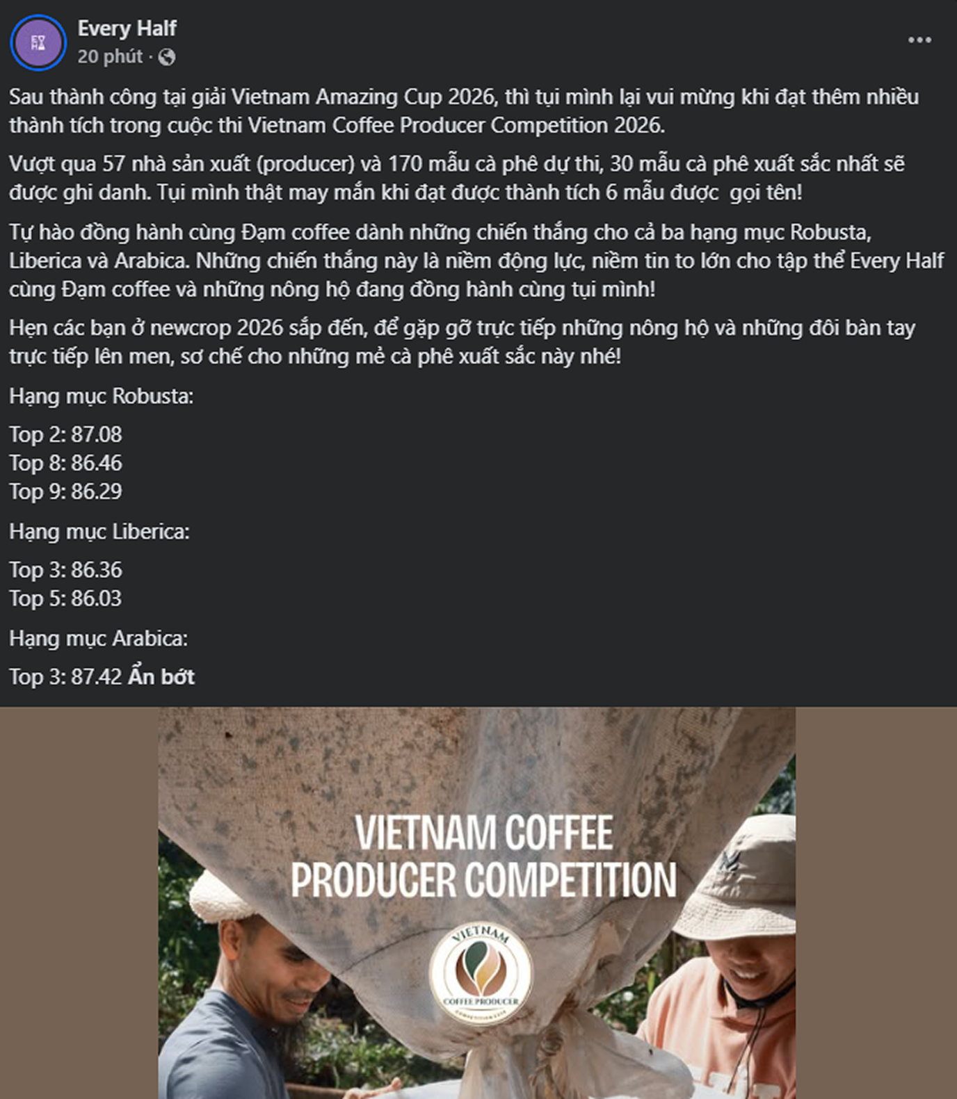 Every Half Coffee vinh danh 6 mẫu cà phê tại Vietnam Coffee Producer Competition 2026 - Ảnh 1. Every Half Coffee vinh danh 6 mẫu cà phê tại Vietnam Coffee Producer Competition 2026 - Ảnh 1.