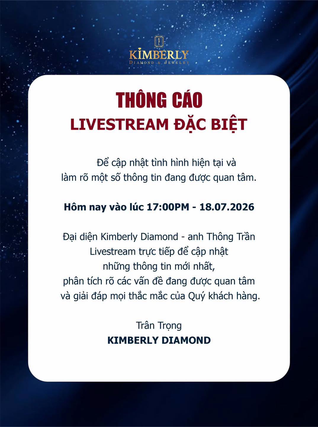 Nóng: Kimberly Diamond thông báo CEO sẽ livestream giữa lúc thương hiệu được dư luận quan tâm - Ảnh 1. Nóng: Kimberly Diamond thông báo CEO sẽ livestream giữa lúc thương hiệu được dư luận quan tâm - Ảnh 1.