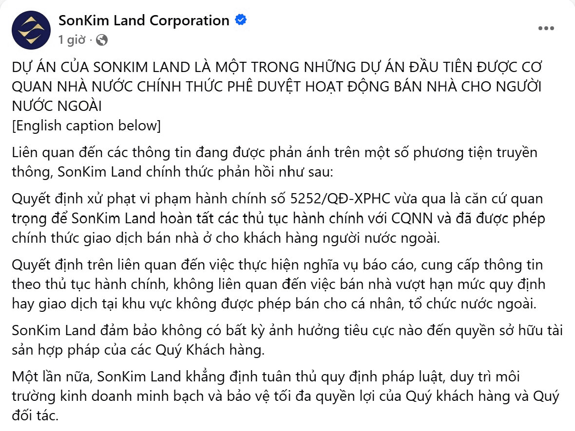 Sơn Kim Land phản hồi về xử phạt bán 136 căn hộ cho người nước ngòai - Ảnh 2.