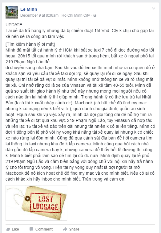 Dòng trạng thái trên mạng xã hội của anh Lê Minh sau khi xảy ra sự việc. Ảnh: Facebook nhân vật.
