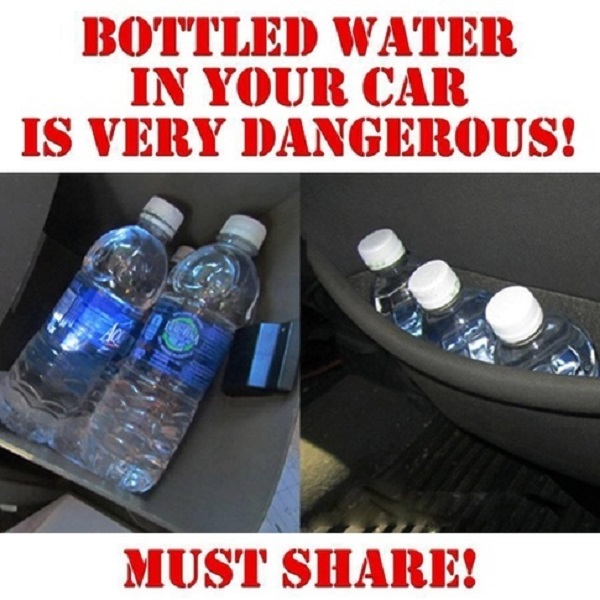 
Một bức ảnh tuyên truyền từ Mỹ: Nước đóng chai để trong xe ô tô rất nguy hiểm. Hãy chia sẻ ngay cho người khác biết
