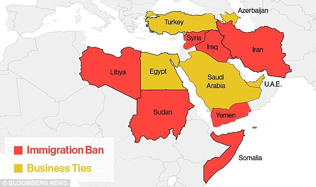 
Những quốc gia bị áp đặt lệnh cấm nhập cư của Tổng thống Mỹ Donald Trump (màu đỏ). Đồ họa: Bloomberg. 
