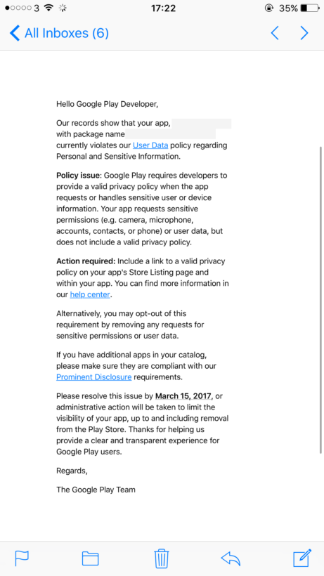 Email Google gửi tới cộng đồng phát triển app Android