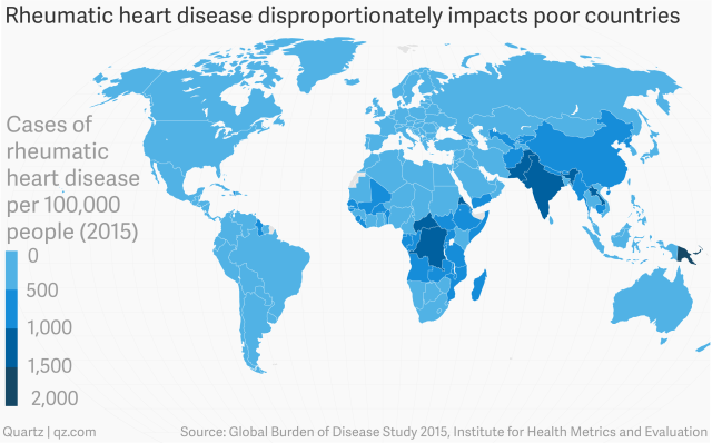 
Tỷ lệ mắc bệnh viêm thấp khớp cấp trên mỗi 100.000 người năm 2015 trên toàn thế giới
