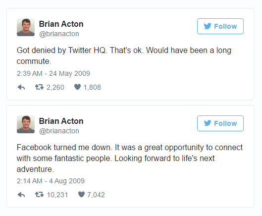 
Những dòng tweet của Brian Actor về việc bị Twitter và Facebook từ chối nhận vào làm
