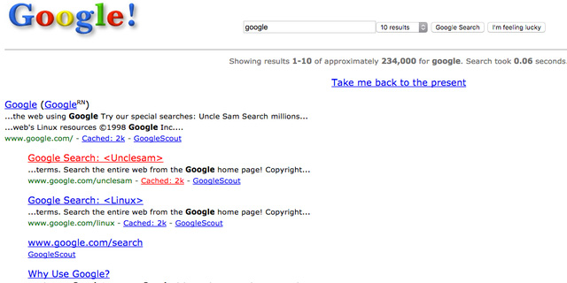 12. Tìm Google năm 1998 sẽ đưa bạn đến trang Google của 19 năm trước cùng với tiểu sử của công ty này.