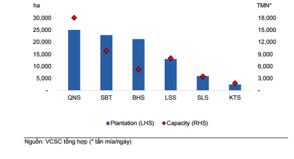 
Khi chưa có sự sáp nhập của SBT và BHS thì QNS là DN dẫn đầu về diện tích trồng mía đường (ha) và công suất xử lý (tấn mía/ngày.
